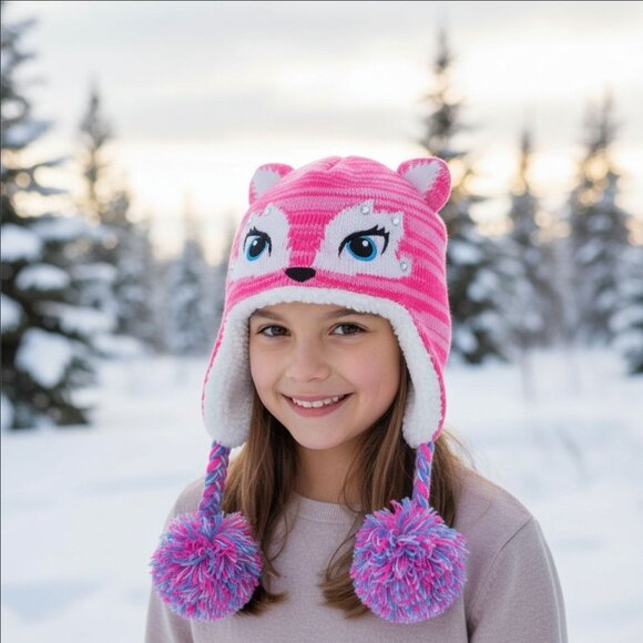 SO ✦ Pink Fox Critter Hat ✦ Kids Fleece-Lined Pom Ears Striped Winter Beanie S - Picture 8 of 10